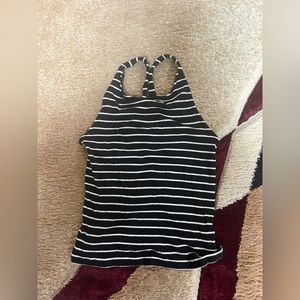 Black and white striped shirt. Cute tie in back